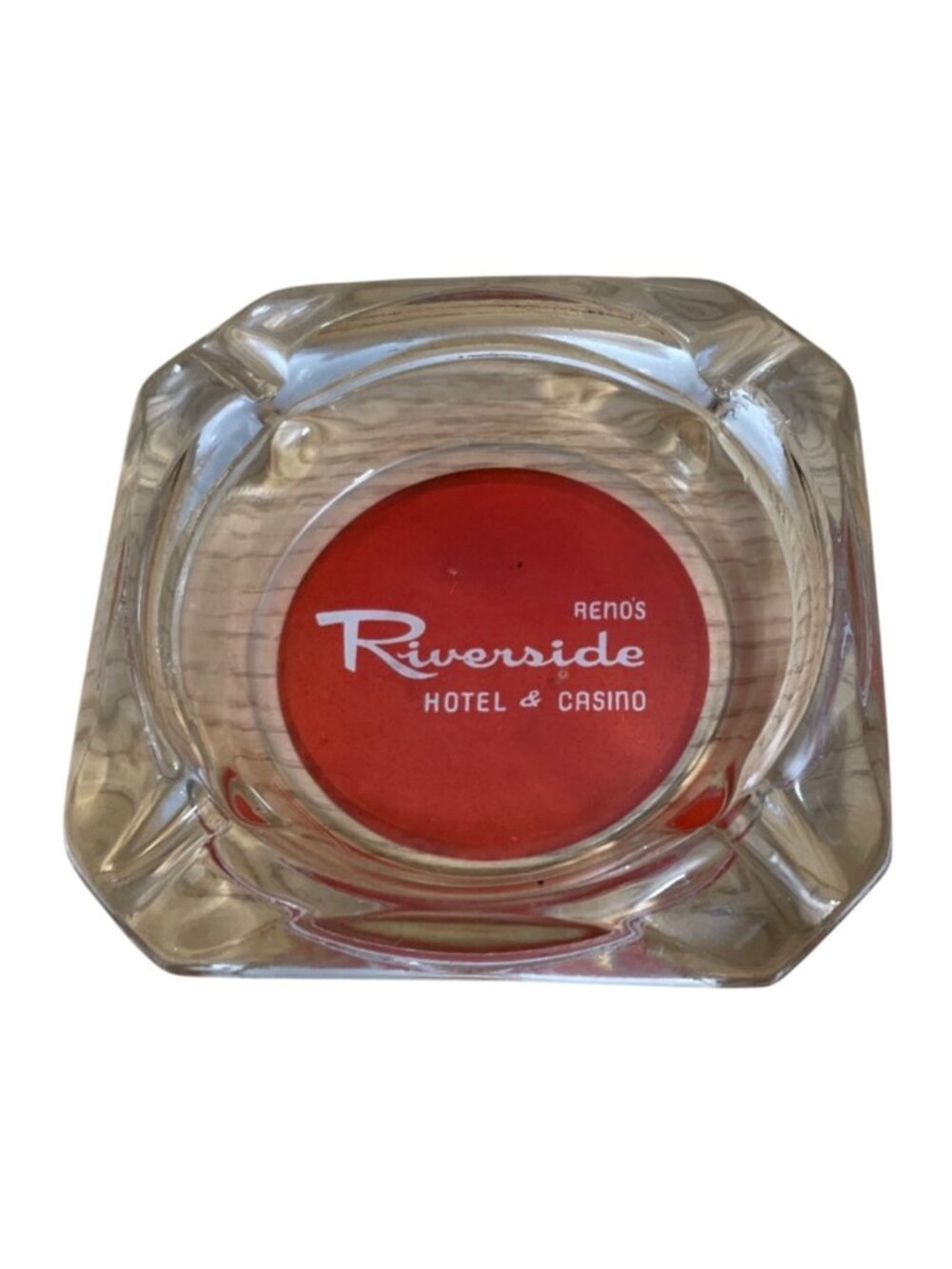 Vtg Reno Riverside Hotel Casino Clear Glass Ashtray Red Logo Former Hotel MCM